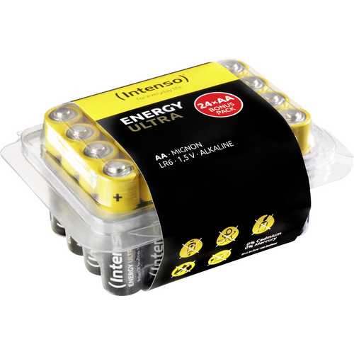 Batteriepack Intenso Energy Ultra, 24x AA Mignon, 1,5V Alkaline, mit gelb-schwarzem Etikett, geeignet für Alltagsgeräte.